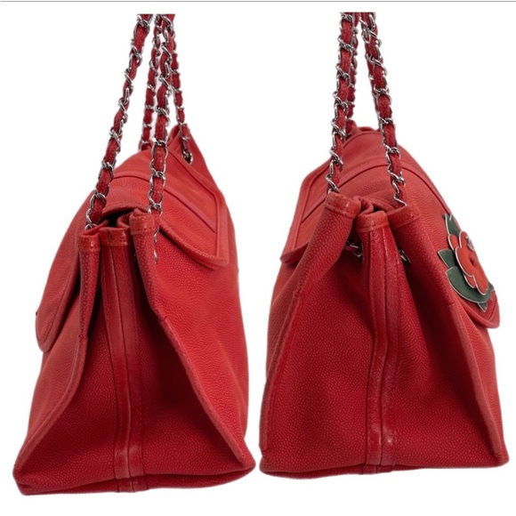 ❤️❤️Chanel❤️❤️ Red Caviar Leather Camellia Flower Accordion Chain Bag Matching P - Picture 5 of 9